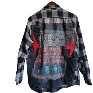 Upcycled LL Bean Flannel Kiss Alive Tour Button Down Shirt Adult Medium Blk/gry